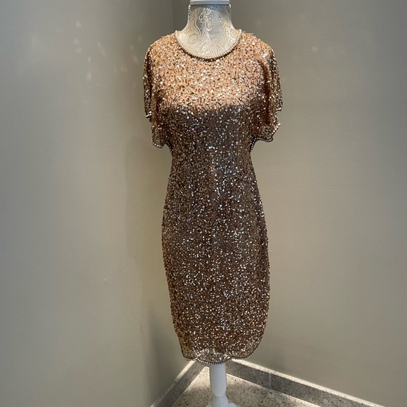 adrianna papell beaded flutter sleeve cocktail dress Adrianna Papell Beaded Mesh Surplice V-Neck Flutter Sleeve Dress main image 0